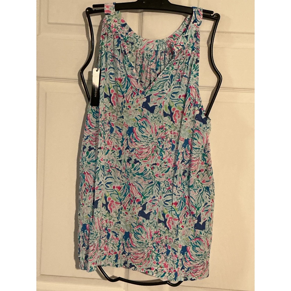 Anne Carson Womens Pink Blue Floral Rayon Sleeveless Tank Top Blouse Medium NWT